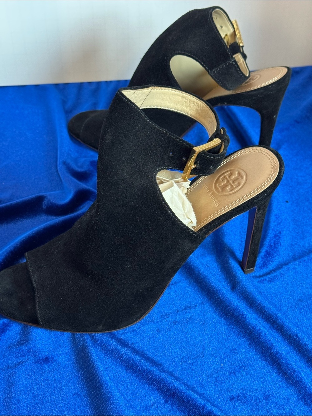 Tory Burch Black Suede Peep-Toe Stiletto Sandals with Gold Buckle